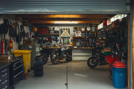 Car parked on a concrete garage floor beside a workbench and storage shelves