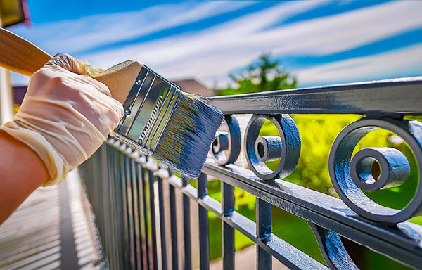 Hands applying paint with a brush to a metal porch railing above a drop cloth