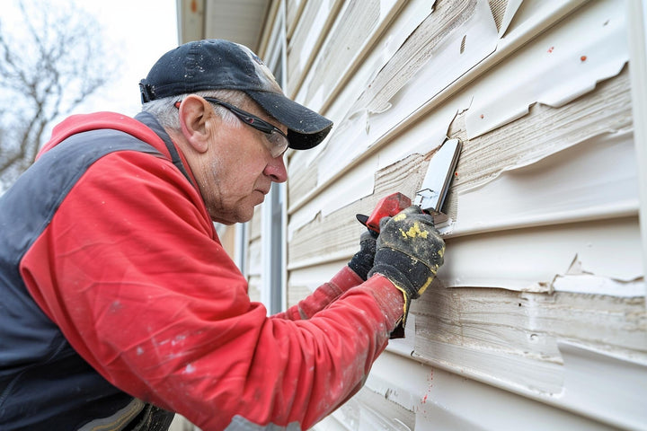 Homeowner examining lifting paint on wood siding next to a house window