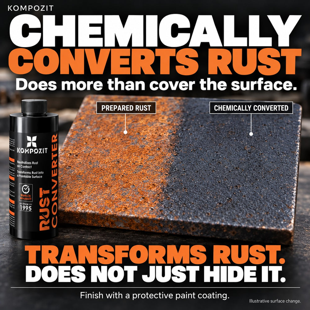 Kompozit Rust Converter bottle beside a steel plate: prepared rust on the left, chemically converted dark surface on the right