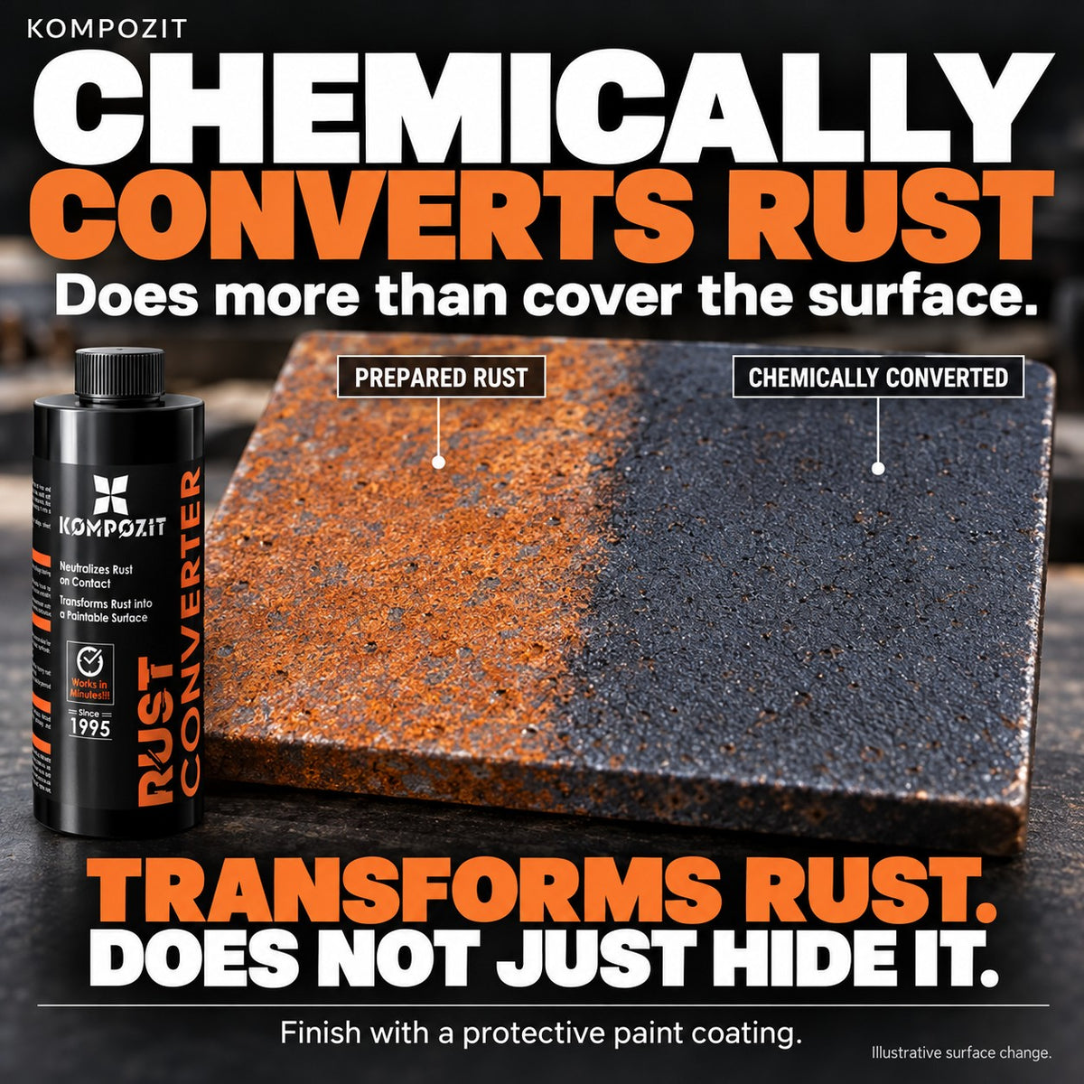 Kompozit Rust Converter bottle beside a steel plate: prepared rust on the left, chemically converted dark surface on the right